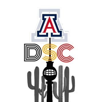 German Club Logo, showing the Arizona A, the letters DSC, and the Berlin TV Tower amid saguaros.
